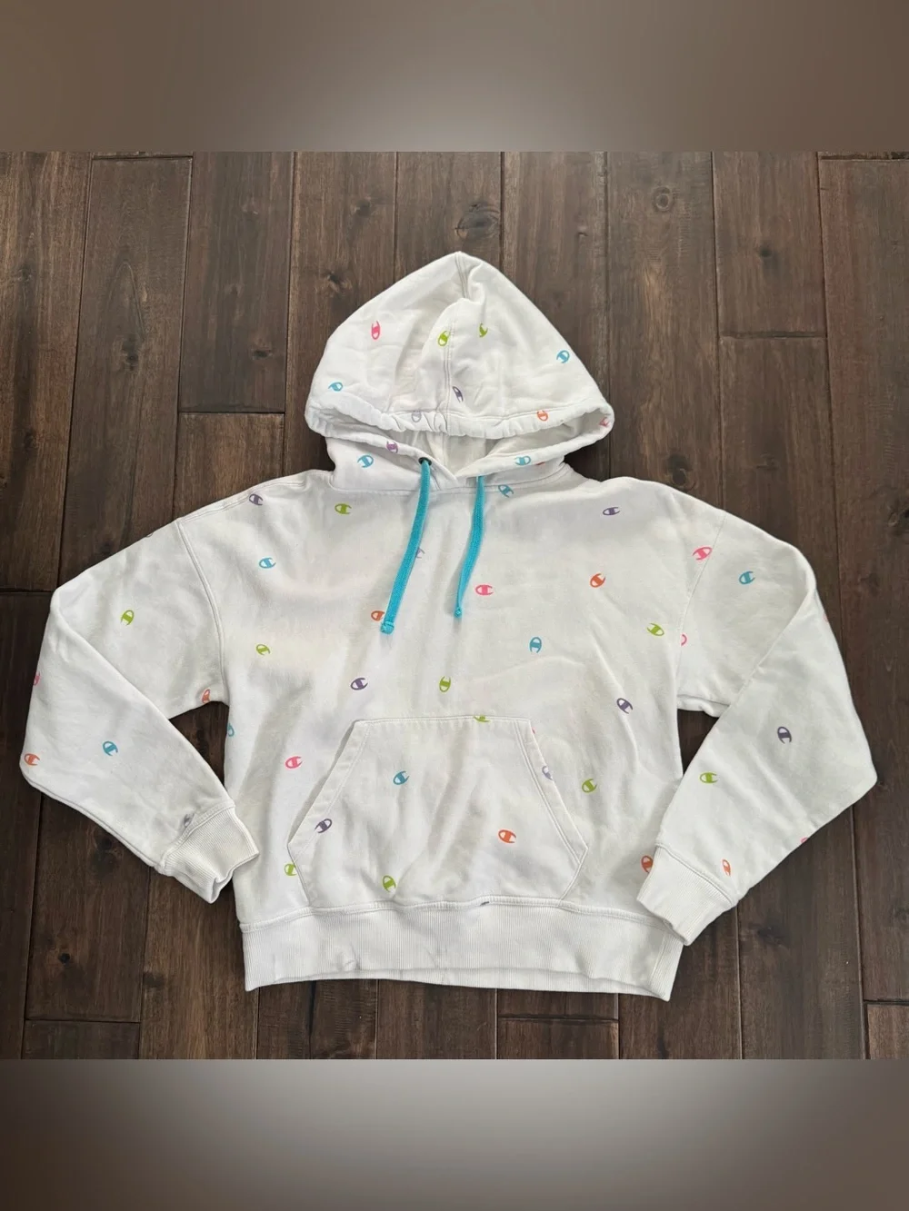 Champion White Multicolor Logo Hoodie Girls XS